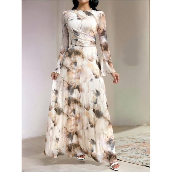 Women's Mesh Maxi Dress Fall Formal Boho Wedding Party Cocktail Tie Dye - Picture 5 of 5